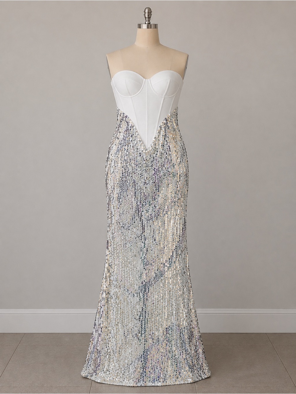 AKIRA Silver Sequin Corset Gown Vegas Birthday Club Dress